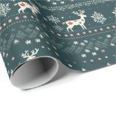 Nordic Knittern Muster grüner Weihnachtsbaum Geschenkpapier (Rolleneckpunkt)