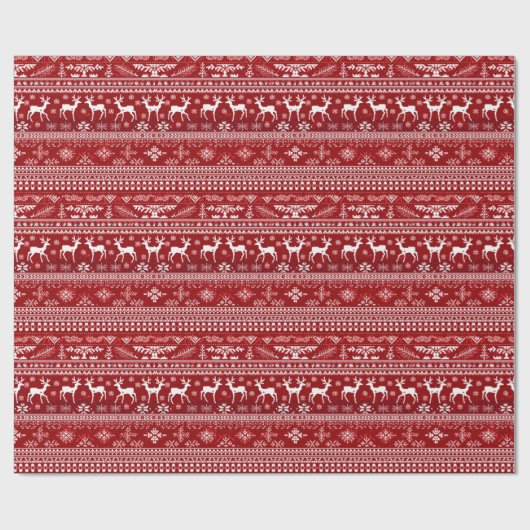 Nordic Knitting Muster Red Christmas Reinreder Geschenkpapier (Flach)