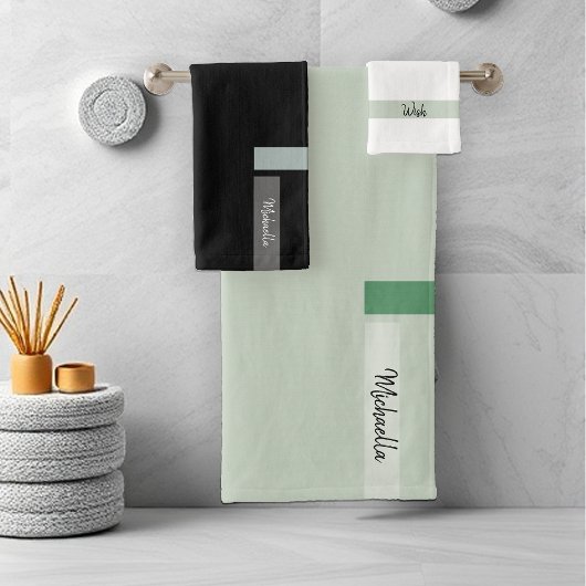 Nordic Modern Kale Green Detail Mit Monogramm Badhandtuch Set