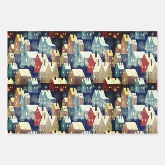 Nordic Modern Winter Town Cosy Houses Pattern Blue Geschenkpapier Set (Vorderseite 3)