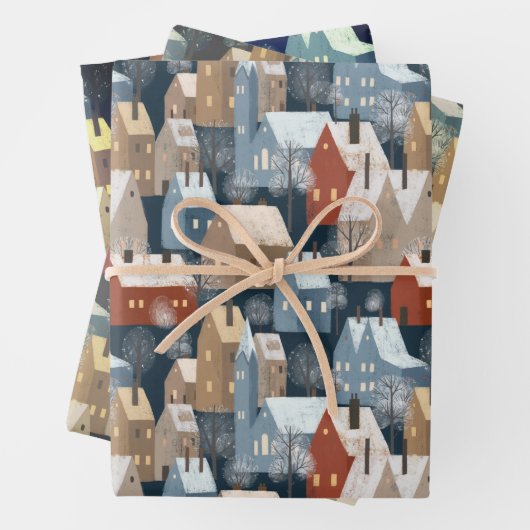 Nordic Modern Winter Town Cosy Houses Pattern Blue Geschenkpapier Set (Beispiel)