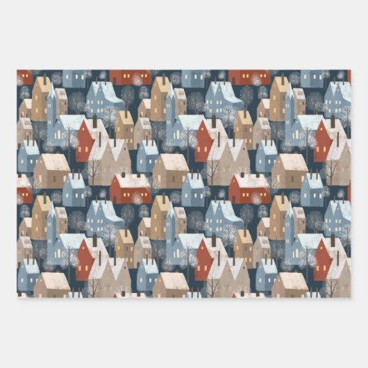 Nordic Modern Winter Town Cosy Houses Pattern Blue Geschenkpapier Set (Vorderseite)