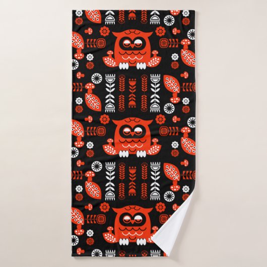 Nordic Owl - Orange und Black Folk Art Badehandtuch (Badehandtuch)