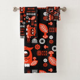 Nordic Owl - Orange und Black Folk Art Badhandtuch Set