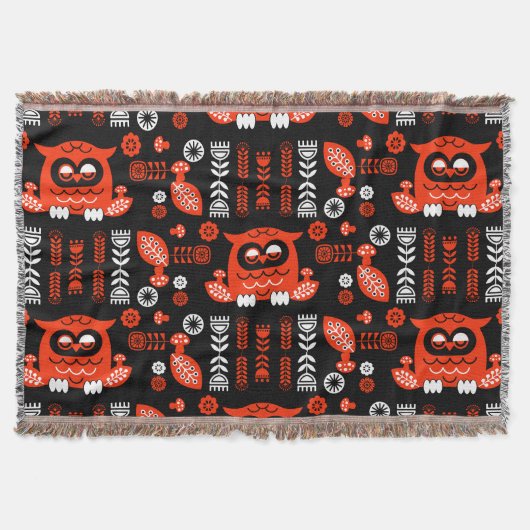 Nordic Owl - Orange und Black Folk Art Decke (Vorderseite)
