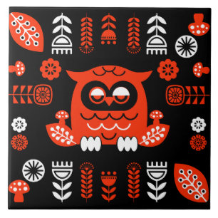 Nordic Owl - Orange und Black Folk Art Fliese