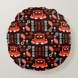Nordic Owl - Orange und Black Folk Art Rundes Kissen