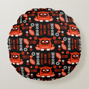 Nordic Owl - Orange und Black Folk Art Rundes Kissen