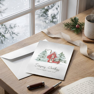 Nordic Pine Forest Watercolor Roter Stall Weihnach Feiertagskarte