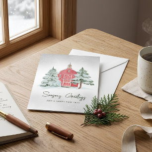 Nordic Pines Watercolor Roter Stall Weihnachtsbaum Feiertagskarte