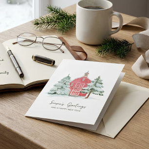 Nordic Red Barn Winter Pine Weihnachtsbaum Karte