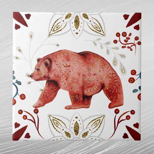 Nordic Red Bear Watercolor Folk Fliese