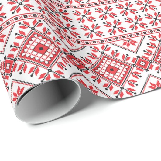 Nordic Red Schwarz-weiß Fair Isle Art Pattern Geschenkpapier (Rolleneckpunkt)