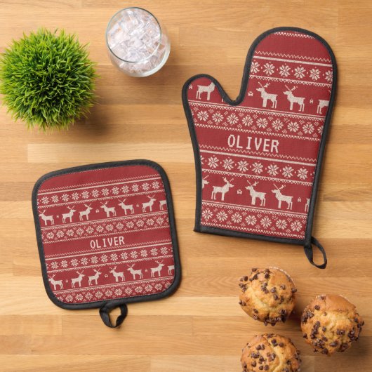 Nordic Reindeer Christmas Personalized Ofenhandschuh & Topflappen-Set (Oben Unten)