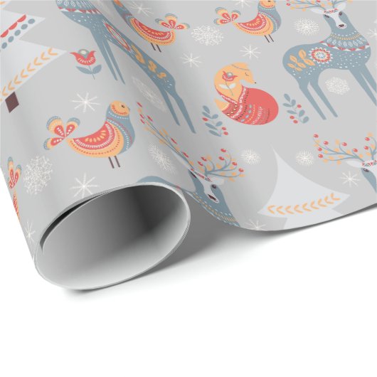 Nordic Reindeer Christmas Tree Floral Gray Geschenkpapier (Rolleneckpunkt)