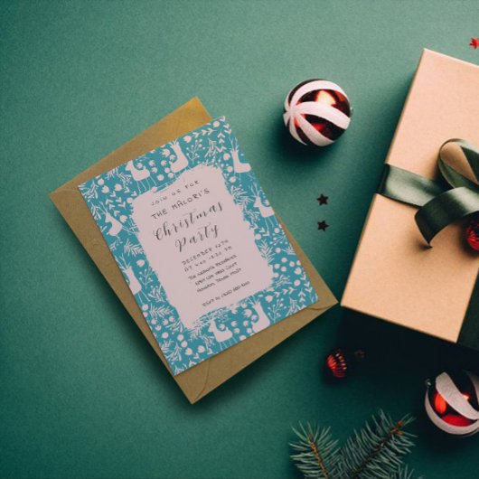 Nordic Reindeer Floral | Blush on Teal Christmas Einladung