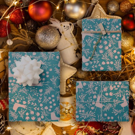Nordic Reindeer Floral | Blush on Teal Christmas P Geschenkpapier Set
