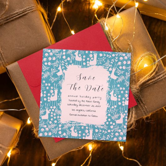 Nordic Reindeer Floral | Blush on Teal Christmas Save The Date