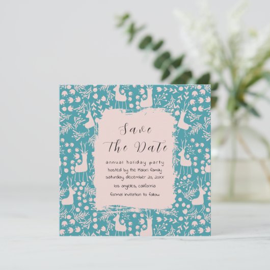 Nordic Reindeer Floral | Blush on Teal Christmas Save The Date (Stehend Vorderseite)