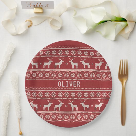 Nordic Reindeer Knit Pattern Personalized Pappteller (Hochzeit)