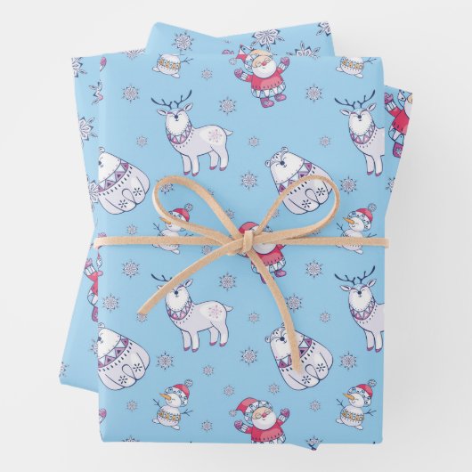 Nordic Santa and Animals Muster auf blau Geschenkpapier Set (Beispiel)