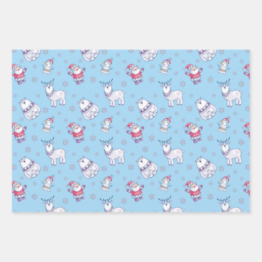 Nordic Santa and Animals Muster auf blau Geschenkpapier Set (Vorderseite)