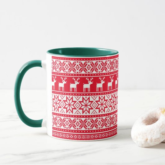 Nordic Snowflake Rentier Ugly Christmas Sweater Tasse (Mit Donut)