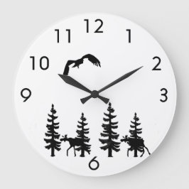 Nordic stil pine trees silhouettes moose in black große wanduhr