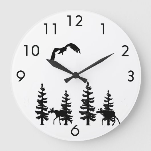 Nordic stil pine trees silhouettes moose in black große wanduhr (Vorderseite)