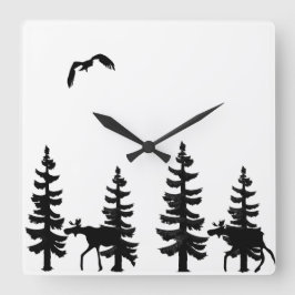 Nordic stil pine trees silhouettes moose in black quadratische wanduhr