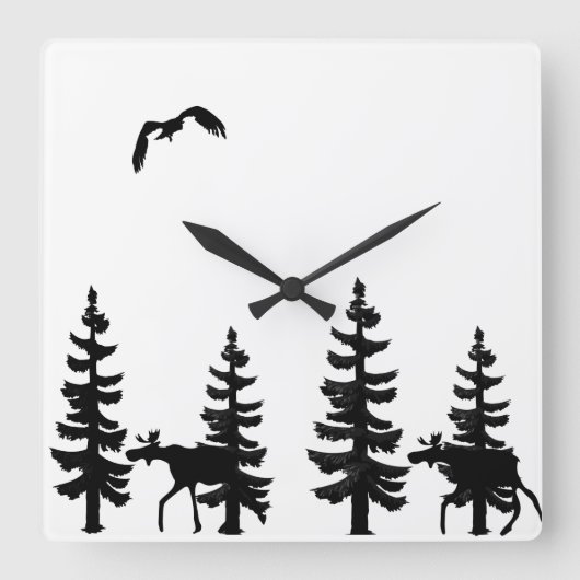 Nordic stil pine trees silhouettes moose in black quadratische wanduhr (Vorderseite)
