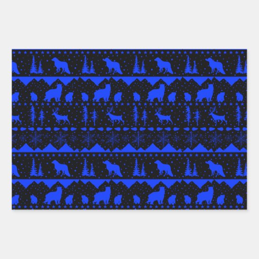 Nordic Sweater Black Blue Silver Winter Animals Geschenkpapier Set (Vorderseite)