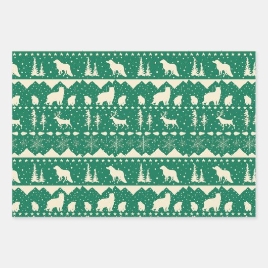 Nordic Sweater Gold Beige Grüne Wintertiere Geschenkpapier Set (Vorderseite 2)