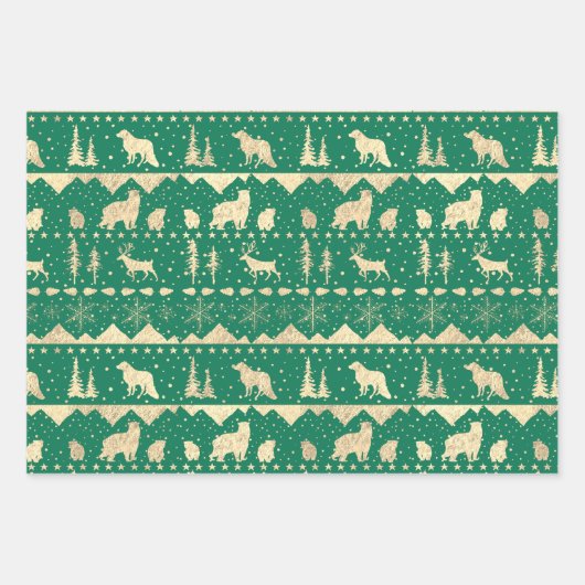 Nordic Sweater Gold Beige Grüne Wintertiere Geschenkpapier Set (Vorderseite)