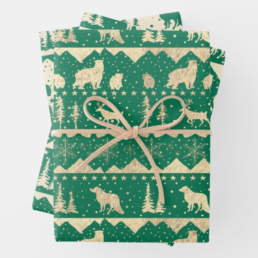 Nordic Sweater Gold Beige Grüne Wintertiere Geschenkpapier Set (Beispiel)