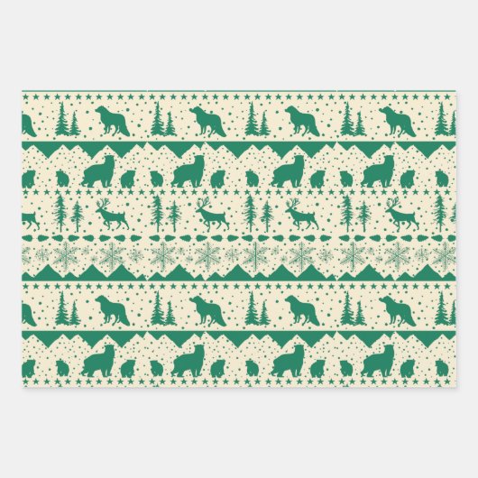 Nordic Sweater Gold Beige Grüne Wintertiere Geschenkpapier Set (Vorderseite 3)