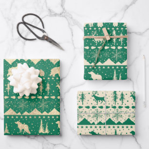 Nordic Sweater Gold Beige Grüne Wintertiere Geschenkpapier Set