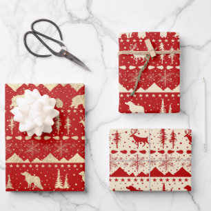 Nordic Sweater Gold Beige Red Winter Animals Geschenkpapier Set