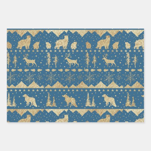 Nordic Sweater Gold Winter Animals Blue Tones Geschenkpapier Set (Vorderseite 2)