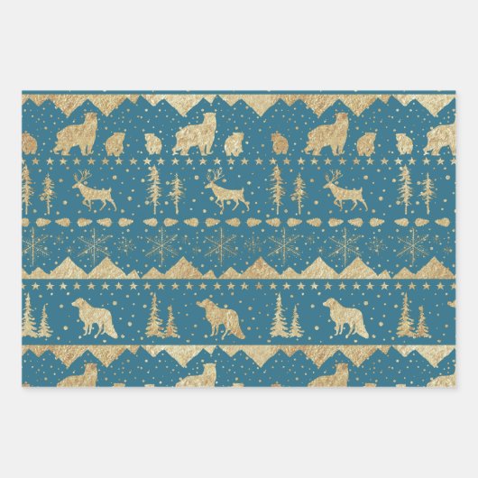 Nordic Sweater Gold Winter Animals Blue Tones Geschenkpapier Set (Vorderseite)