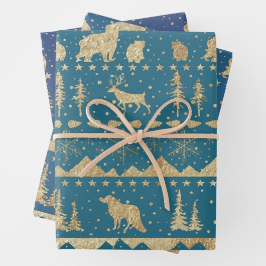 Nordic Sweater Gold Winter Animals Blue Tones Geschenkpapier Set (Beispiel)
