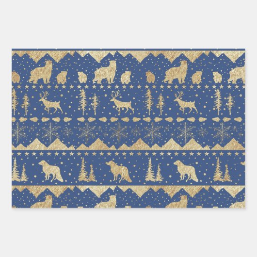 Nordic Sweater Gold Winter Animals Blue Tones Geschenkpapier Set (Vorderseite 3)