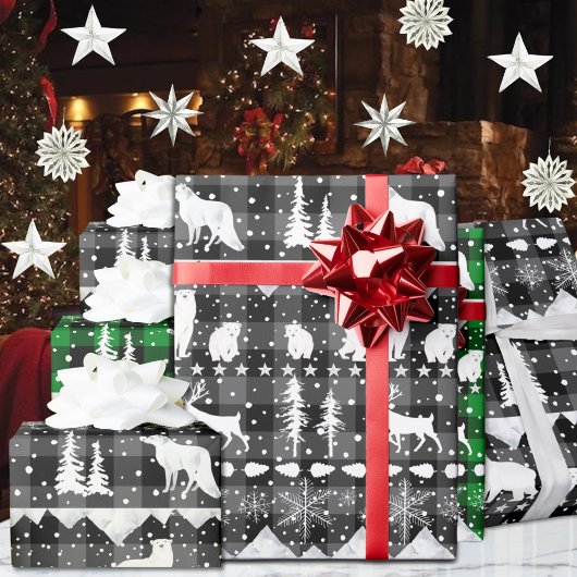 Nordic Sweater Gray Kariert White Winter Animals Geschenkpapier