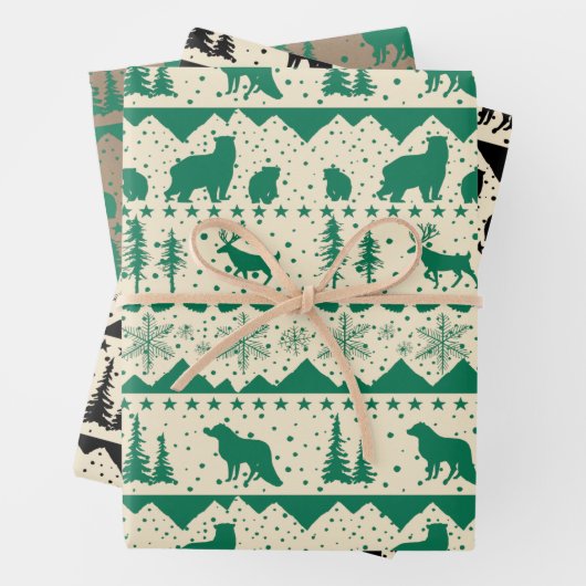 Nordic Sweater Green Black Beige Wintertiere Geschenkpapier Set (Beispiel)