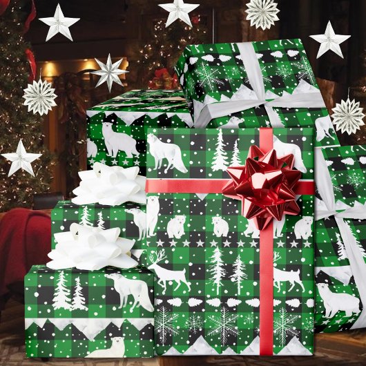 Nordic Sweater Green Buffalo Karierte Wintertiere Geschenkpapier