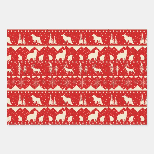 Nordic Sweater Holiday Red Beige Wintertiere Geschenkpapier Set (Vorderseite 2)