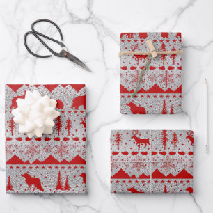 Nordic Sweater Red Winter Animals Silver Ripple Geschenkpapier Set