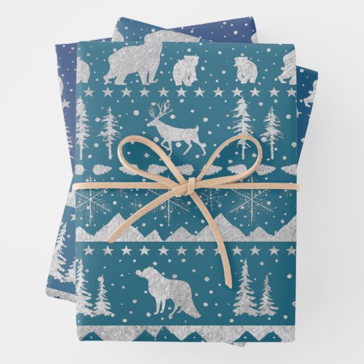 Nordic Sweater Silver Winter Tiere Blaue Töne Geschenkpapier Set (Beispiel)