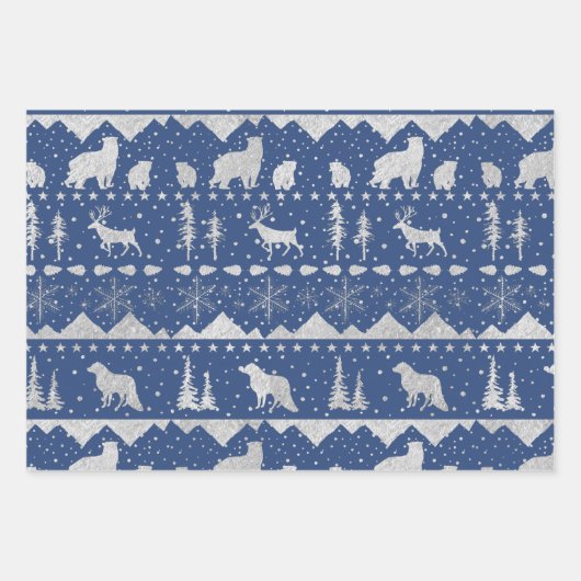 Nordic Sweater Silver Winter Tiere Blaue Töne Geschenkpapier Set (Vorderseite 3)