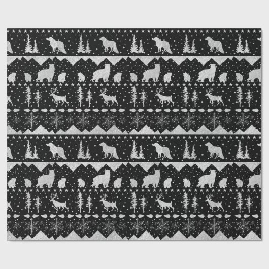 Nordic Sweater Silver Winter Tiere Schwarz Geschenkpapier (Flach)